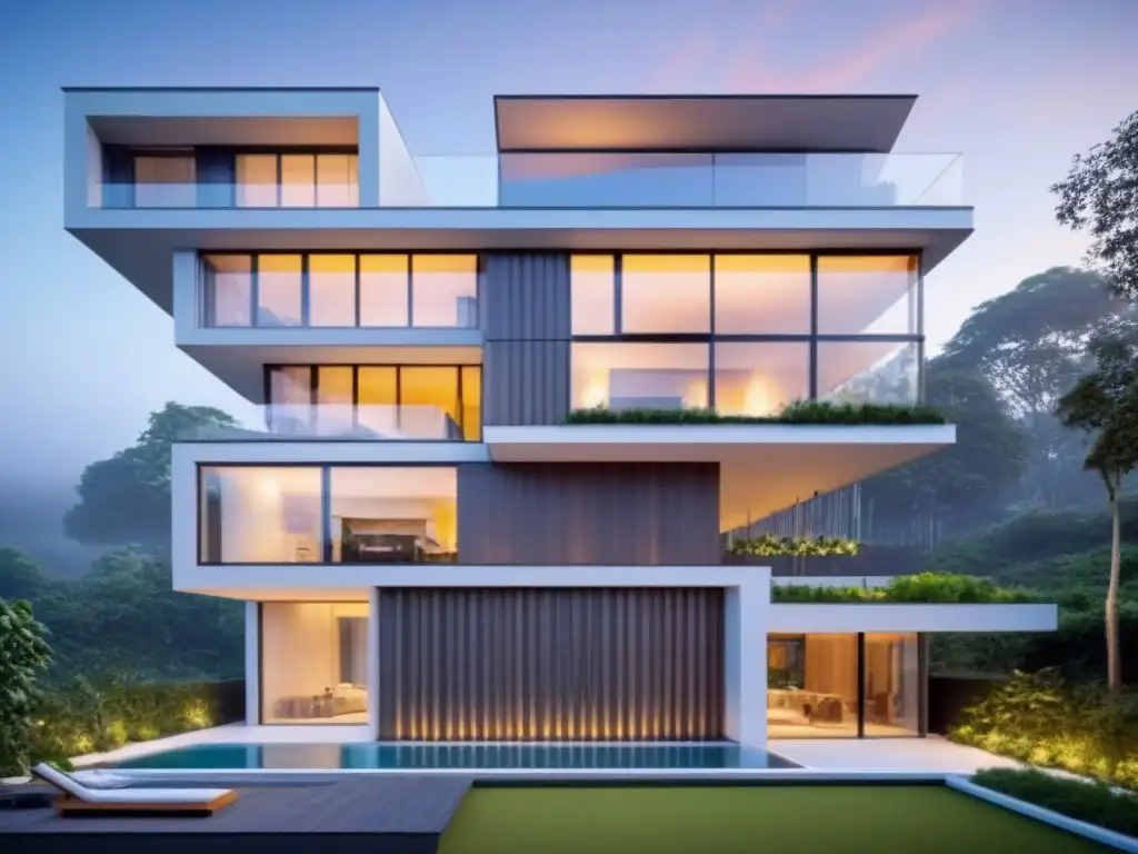Diseño ecoamigable: edificio futurista y sostenible Edificación sostenible con diseño futurista y eficiencia energética, integrando vegetación y tecnología ecoamigable