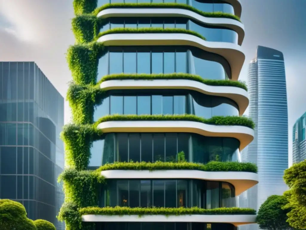 Edificio sostenible futurista: diseño innovador y ecoamigable en 8k Edificación sostenible con diseño innovador y beneficios para el mercado inmobiliario