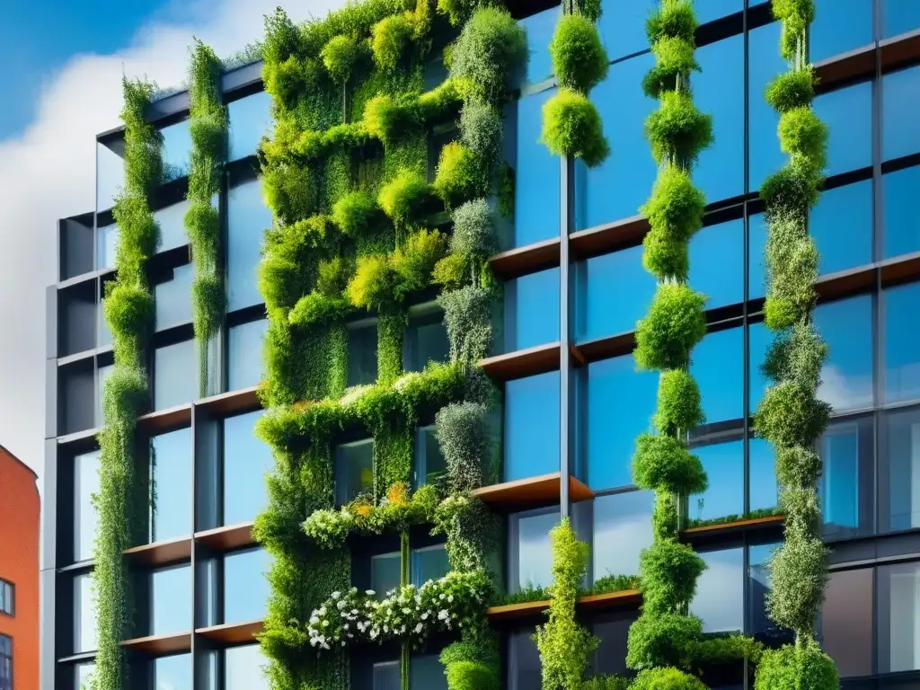 Edificio moderno con energía solar y jardines verdes Edificación sostenible con eficiencia energética: Moderno edificio verde con paneles solares, jardín vertical y diseño contemporáneo