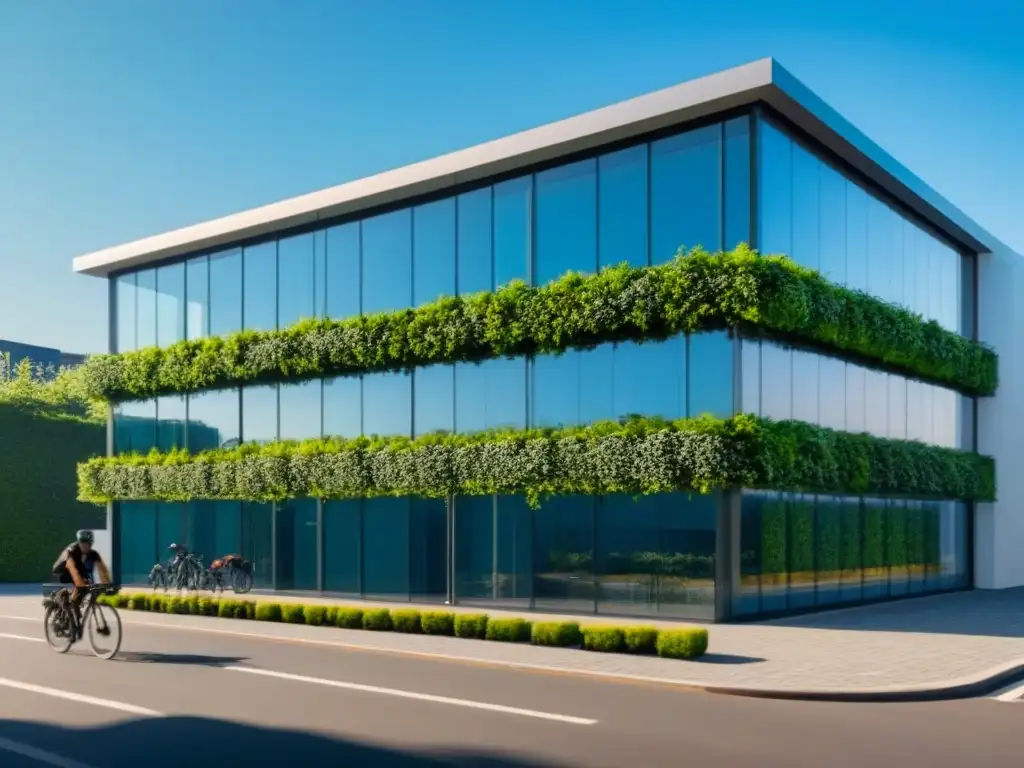 Edificio moderno y sostenible rodeado de naturaleza en 8k Edificación sostenible con eficiencia energética: oficina moderna rodeada de naturaleza, paneles solares y bicicletas