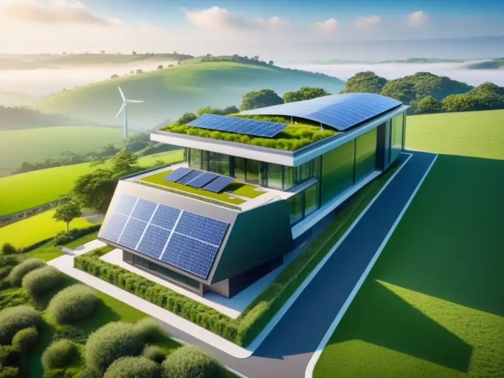 Edificio sostenible con energías renovables en paisaje verde Construcción sostenible energías renovables: Edificio moderno integrado con fuentes renovables en entorno verde y cielo azul