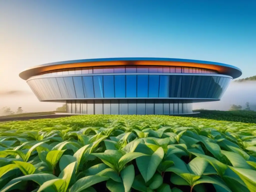 Edificio futurista sostenible con energía solar y arquitectura innovadora Edificación sostenible con paneles solares y arquitectura innovadora, rodeada de vegetación y cielo azul