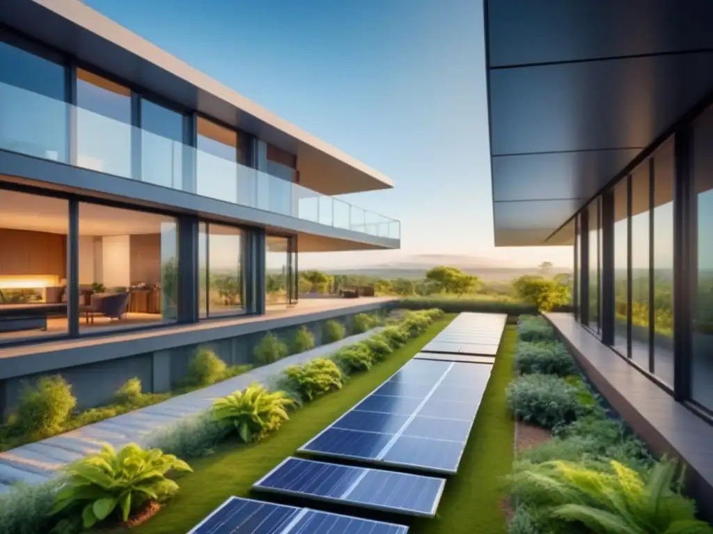 Edificio sustentable con paneles solares integrados en diseño moderno Edificación sostenible con paneles solares integrados, rodeada de vegetación