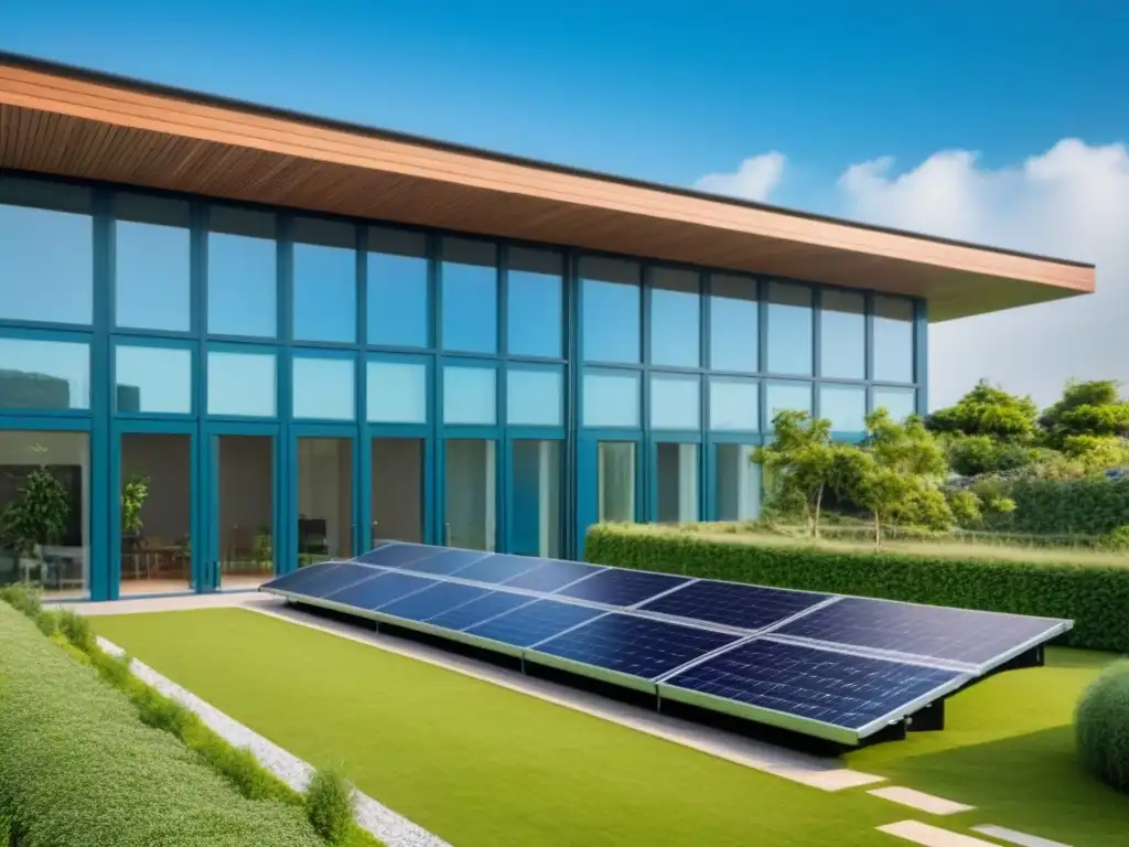 Edificio sostenible con paneles solares y paredes verdes Edificación sostenible con paneles solares, muros verdes y ventanales, rodeada de naturaleza