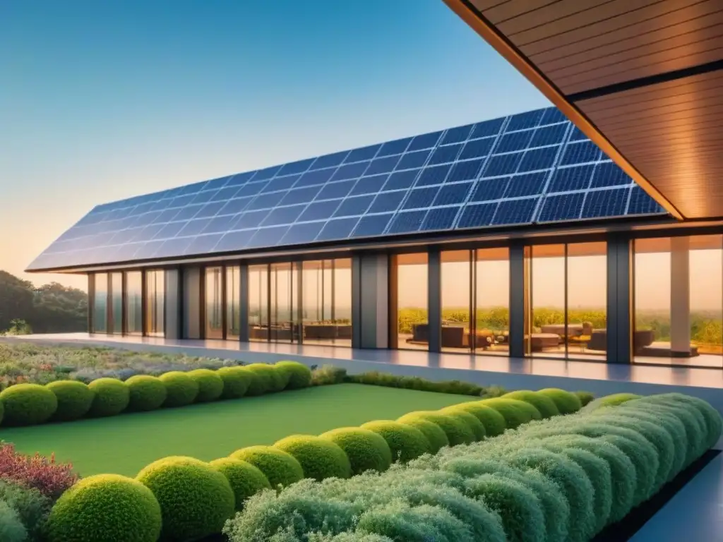 Edificio sostenible del futuro: 8k con paneles solares y jardines verdes Edificación sostenible con paneles solares, techos verdes y ventanas inteligentes rodeada de naturaleza y cielo azul