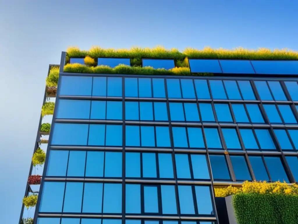 Edificio sostenible: diseño arquitectónico innovador y energético Edificación sostenible con paneles solares y techos verdes, simbolizando innovación y eficiencia energética en la construcción moderna