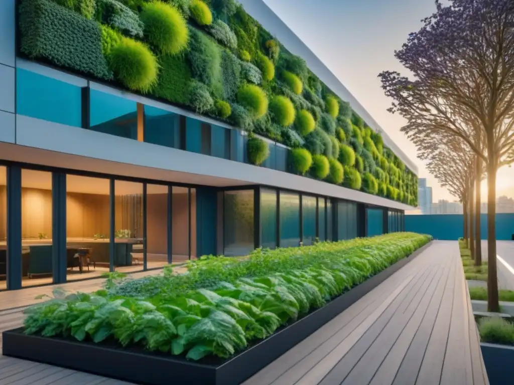 Edificio sustentable: belleza verde en ciudad vibrante Edificación sostenible con paneles solares, jardines verticales y ciudad ecoamigable