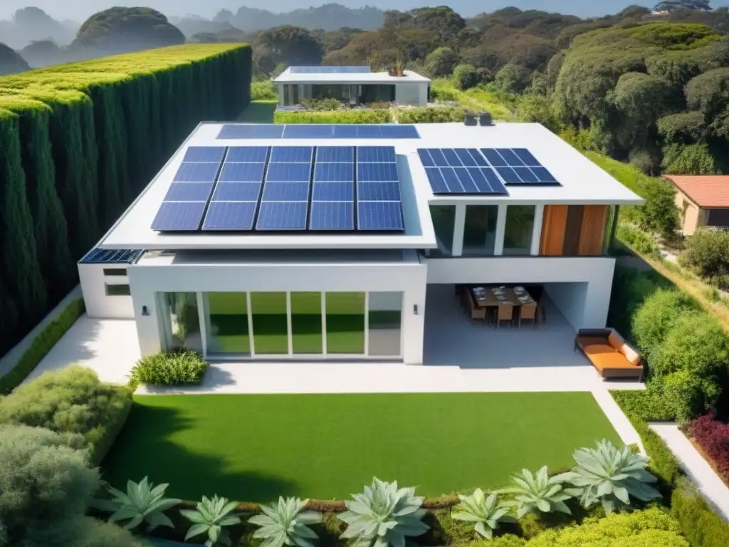 Propiedad sostenible: armonía e innovación en diseño ecológico Inversión sostenible en propiedad: paneles solares brillantes, jardines verdes y eficiente sistema de riego