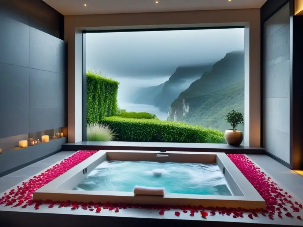 Spa de lujo con jacuzzi, rosas y mármol en propiedad exclusiva Spa de lujo con jacuzzi, pétalos de rosa y toallas blancas en gestor de propiedades de lujo