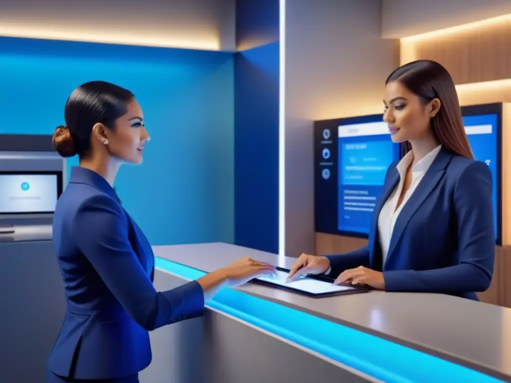 Sucursal bancaria futurista con automatización y realidad virtual Sucursal bancaria futurista con automatización en préstamos inmobiliarios, clientes en pantallas táctiles y empleados con realidad virtual