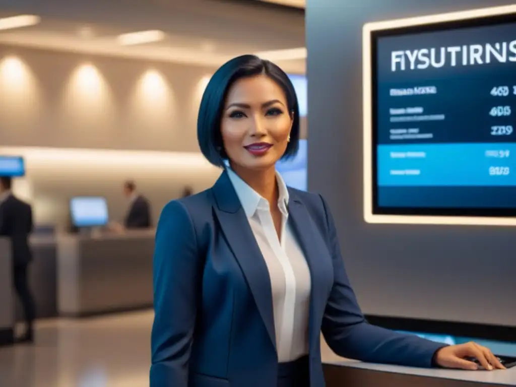 Sucursal bancaria futurista con IA para préstamos inmobiliarios Sucursal bancaria futurista con tecnología de vanguardia para préstamos inmobiliarios