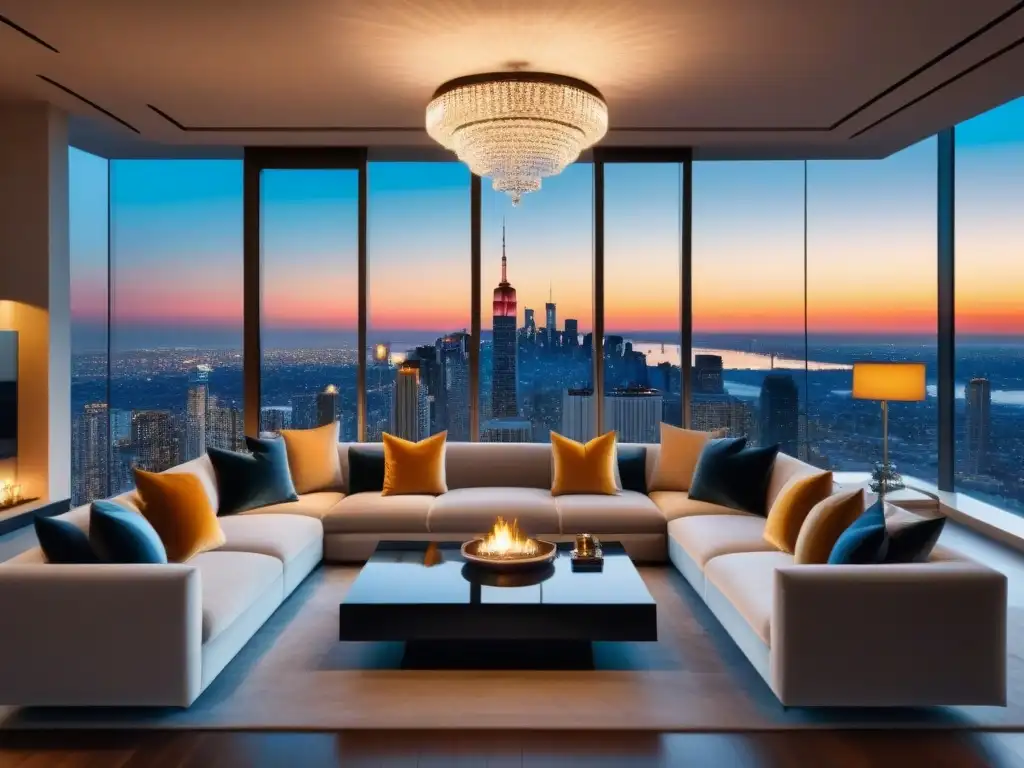 Suite de lujo con vistas panorámicas al atardecer en la ciudad Suite de lujo con vista nocturna de la ciudad, decoración elegante y toques de opulencia