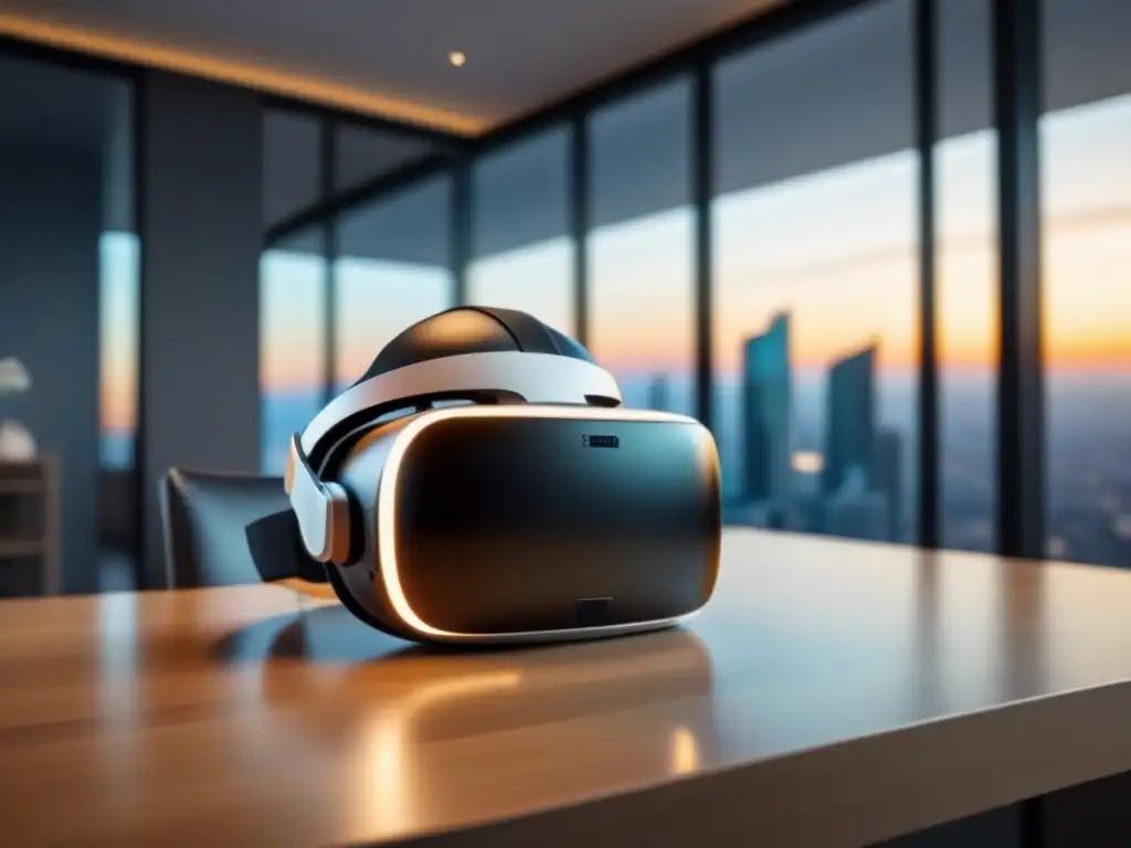 Realidad virtual inmersiva en arquitectura futurista Sumérgete en la Realidad virtual para agentes inmobiliarios con este avanzado headset y diseño futurista
