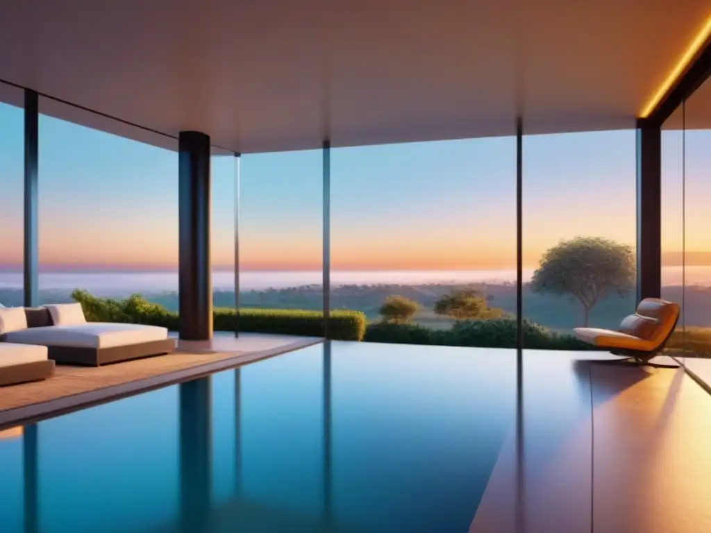Mansión de lujo en realidad virtual al atardecer dorado Sumérgete en la fusión de tecnología y lujo al explorar esta mansión moderna en realidad virtual