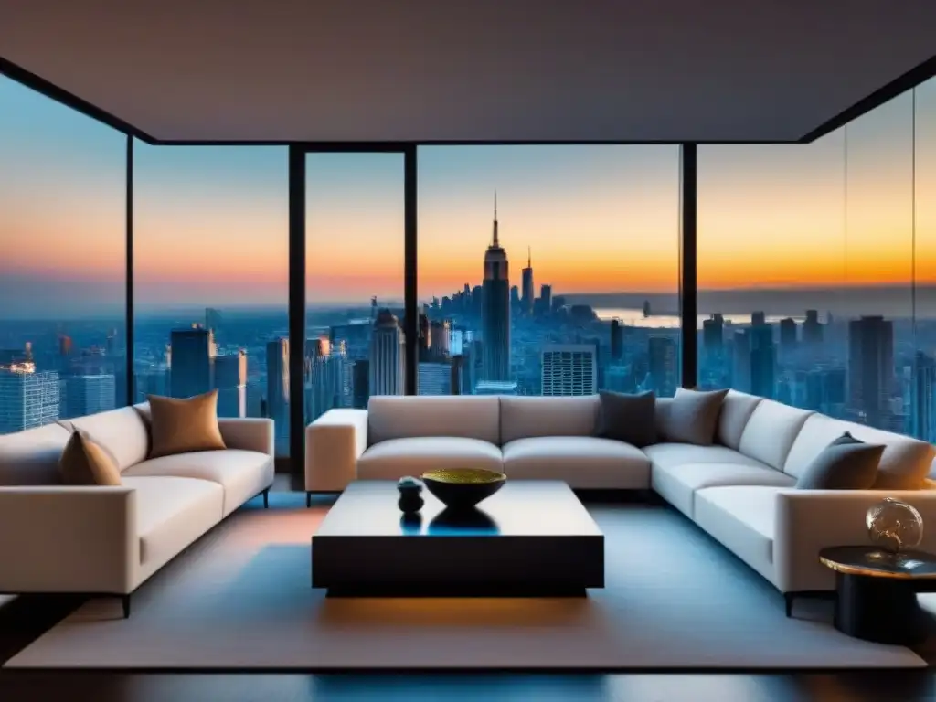 Salón de lujo con vista panorámica a la ciudad al atardecer Suntuosa sala de estar moderna con vista panorámica de la ciudad al atardecer, muebles elegantes y cálida iluminación ambiental