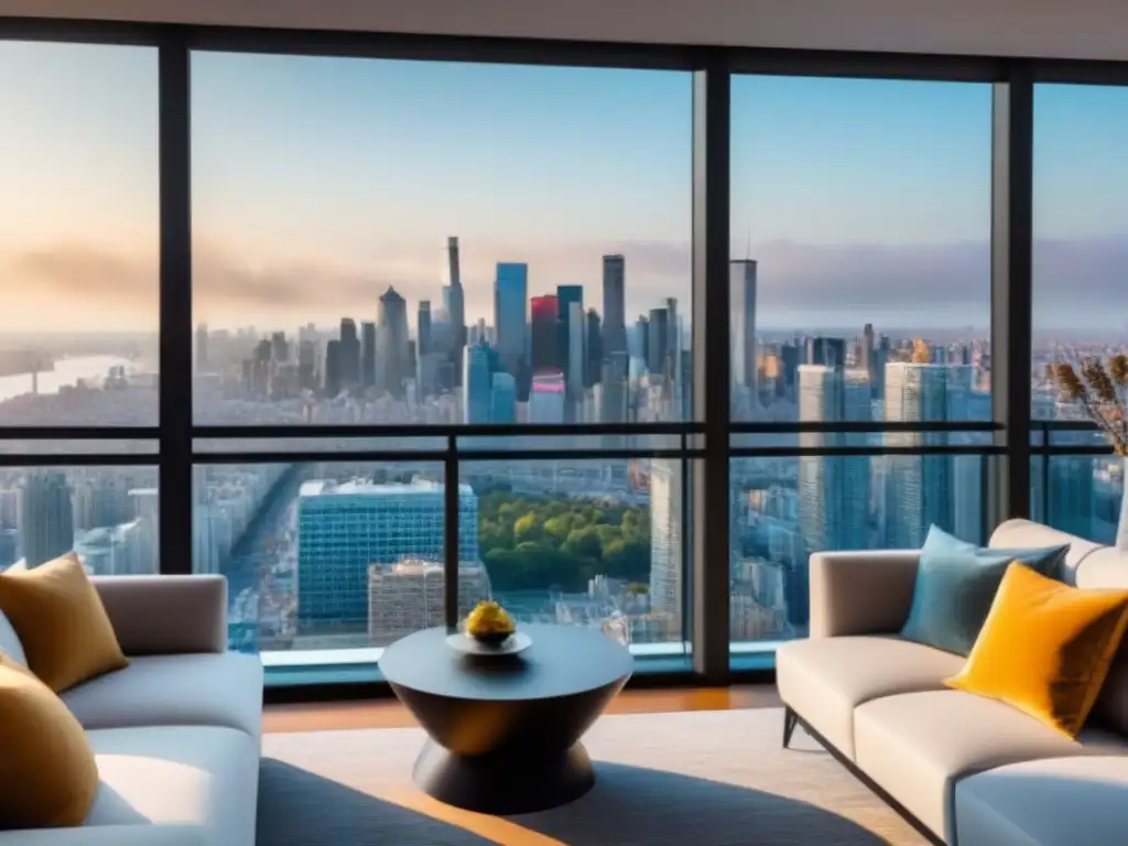 Suntuoso ático moderno con vistas a la ciudad, diseño interior contemporáneo, muebles elegantes y terraza espaciosa
