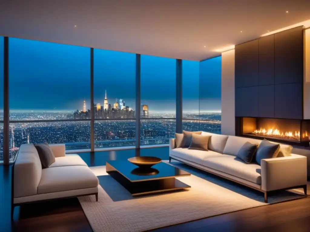 Suntuoso salón de lujo en ático con vista nocturna de la ciudad