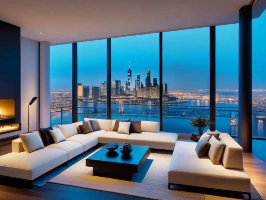 Salón de lujo con vista panorámica en propiedad de alto standing Suntuoso salón de lujo con vista panorámica nocturna de la ciudad