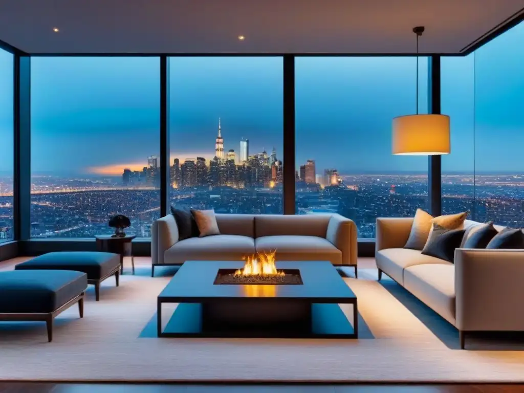 Salón de lujo con vistas a la ciudad al atardecer Suntuoso salón penthouse moderno con vista a la ciudad al anochecer, ideal para el marketing de propiedades de lujo