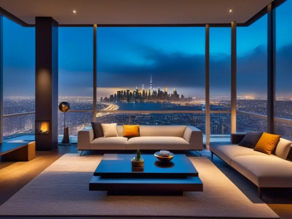 Salón de lujo con vistas nocturnas a la ciudad en apartamento de altura Suntuoso salón moderno en un apartamento de lujo con vista nocturna de la ciudad