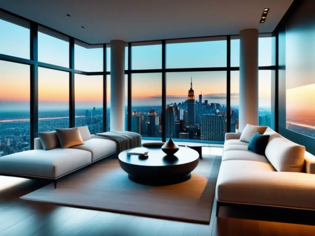 Salón de lujo en penthouse: vista panorámica y decoración sofisticada Suntuoso salón moderno en ático de lujo con vistas a la ciudad y refinamiento en decoración