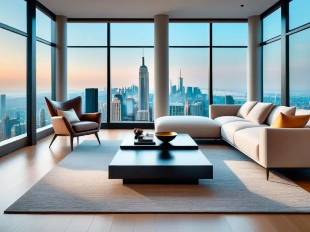 Sala de estar de lujo moderna con vista panorámica Suntuoso salón moderno en casa de lujo, con decoración elegante y vistas a la ciudad