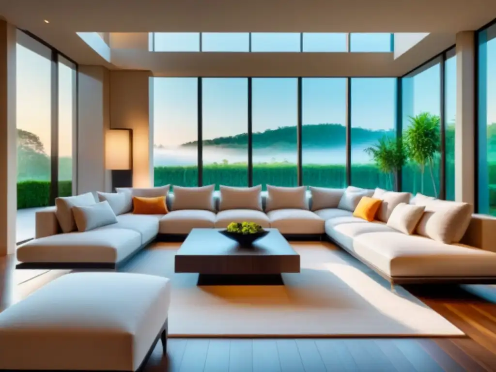 Salón moderno de lujo con luz natural y jardín sereno Suntuoso salón moderno, iluminado y elegante, con vista a jardín sereno