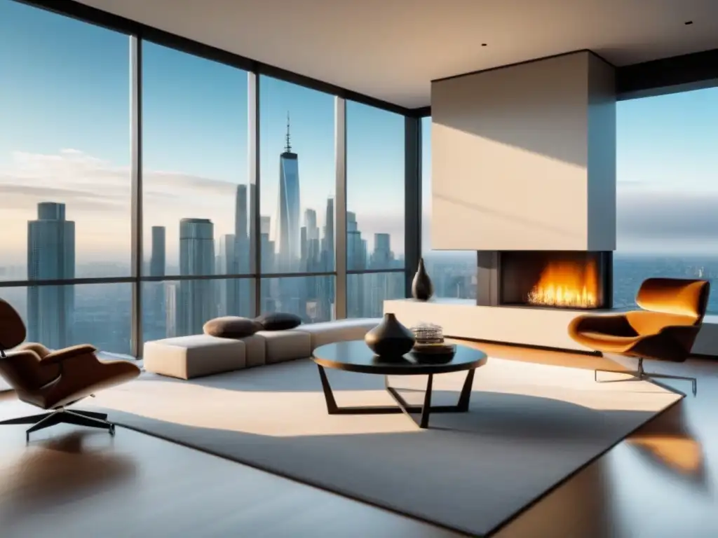 Salón de lujo con vistas urbanas y diseño moderno Suntuoso salón moderno de marca con vista a la ciudad y diseño elegante para una experiencia marca propiedades lujo