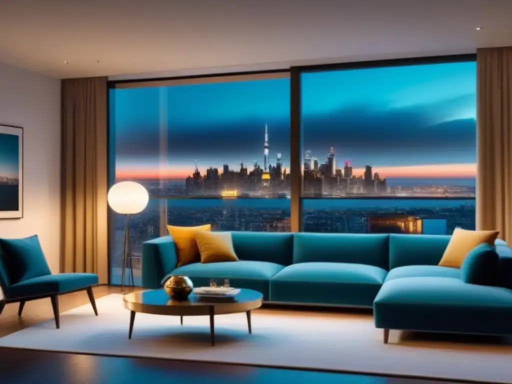 Salón de lujo con vista nocturna de la ciudad: financiamiento inmobiliario Suntuoso salón moderno con mobiliario elegante y ventanales que muestran la ciudad de noche