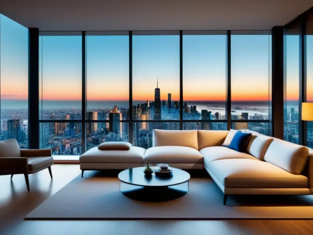 Sala de estar de lujo con vista a la ciudad al atardecer Suntuoso salón moderno con mobiliario elegante y ventanales que muestran la ciudad al atardecer