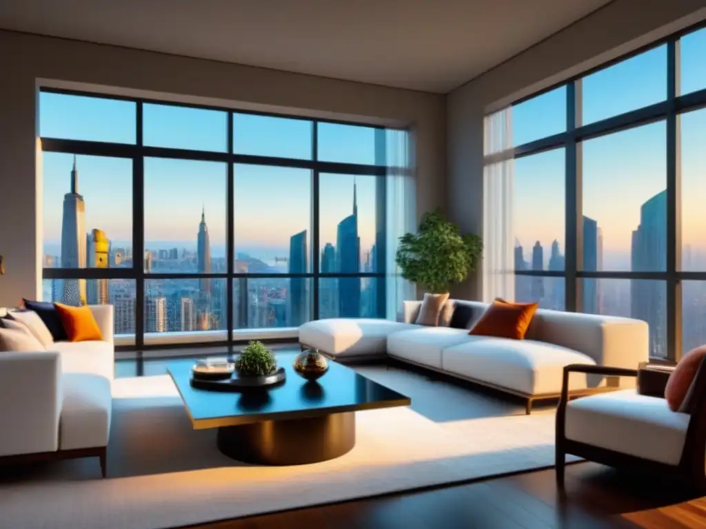 Salón de lujo con vistas urbanas y elegancia personalizada Suntuoso salón moderno con mobiliario de lujo, grandes ventanales y detalles personalizados
