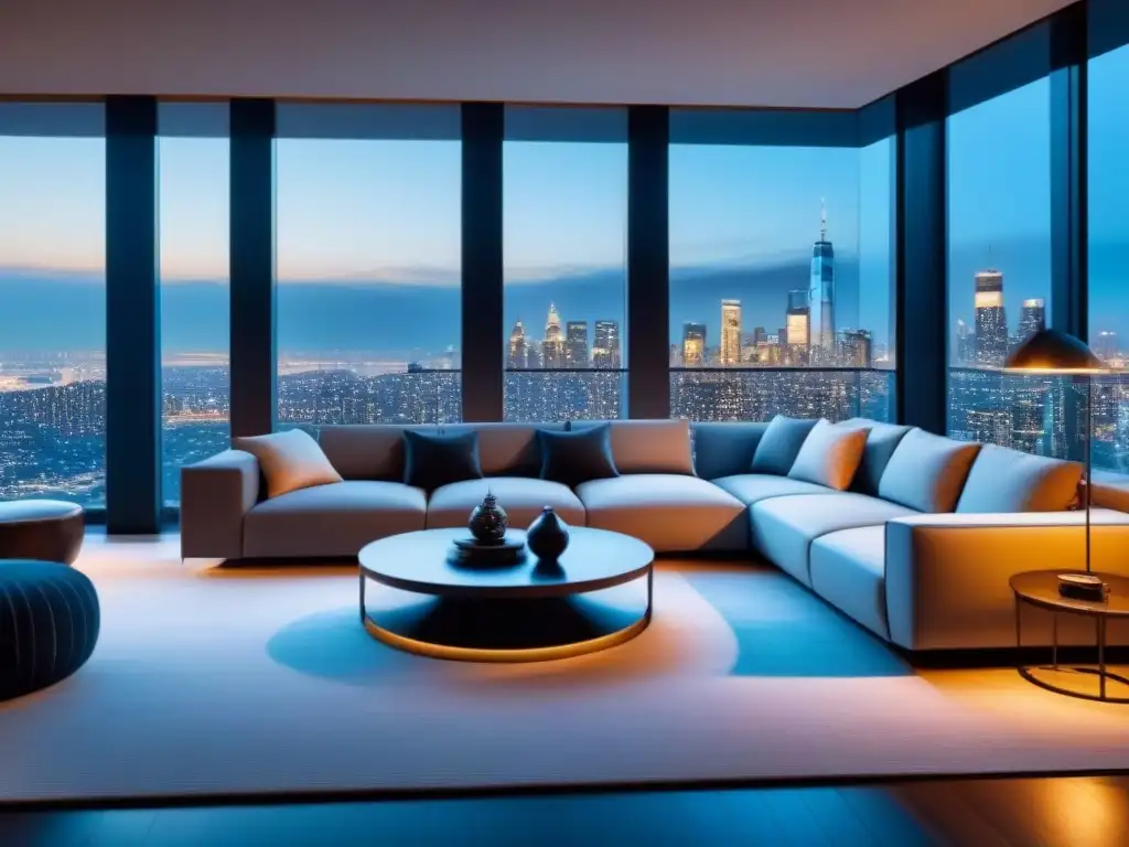 Elegante sala de estar moderna con vista nocturna de la ciudad Suntuoso salón moderno en propiedad de lujo con vista nocturna de la ciudad