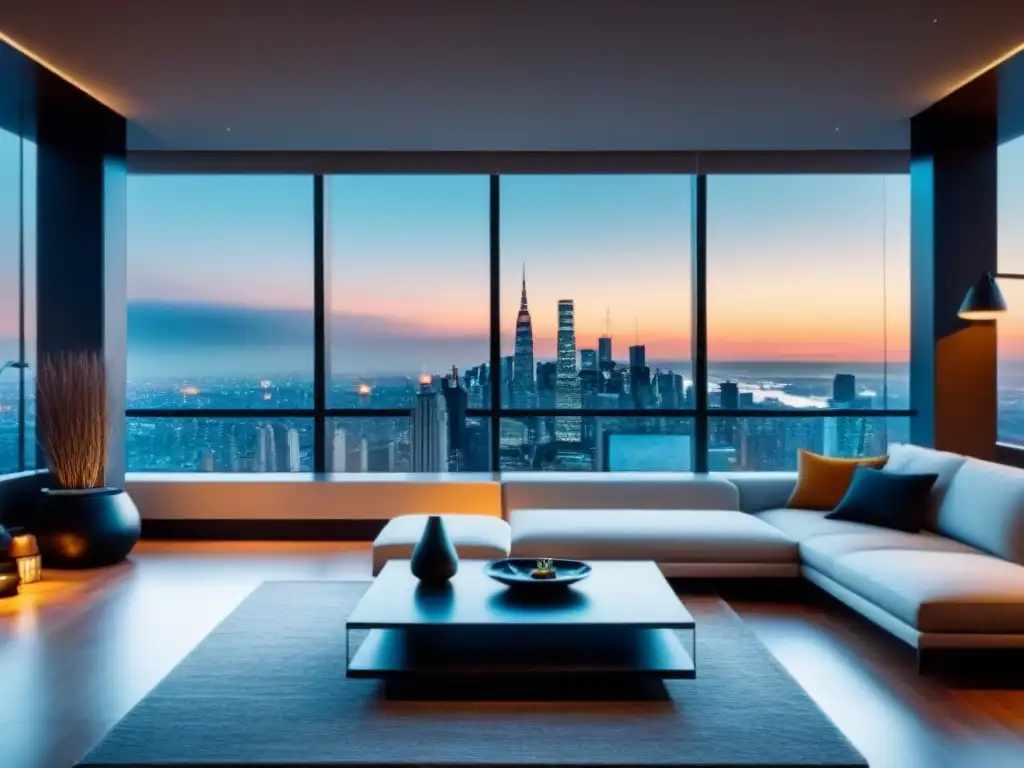 Sala de estar de lujo con vista panorámica de ciudad al anochecer Suntuoso salón moderno en rascacielos con ventanales de piso a techo y vista urbana al anochecer