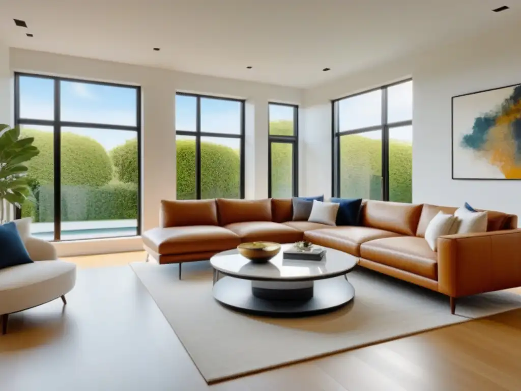 Salón moderno y lujoso con vista a jardín exuberante Suntuoso salón moderno con vista al jardín y decoración elegante