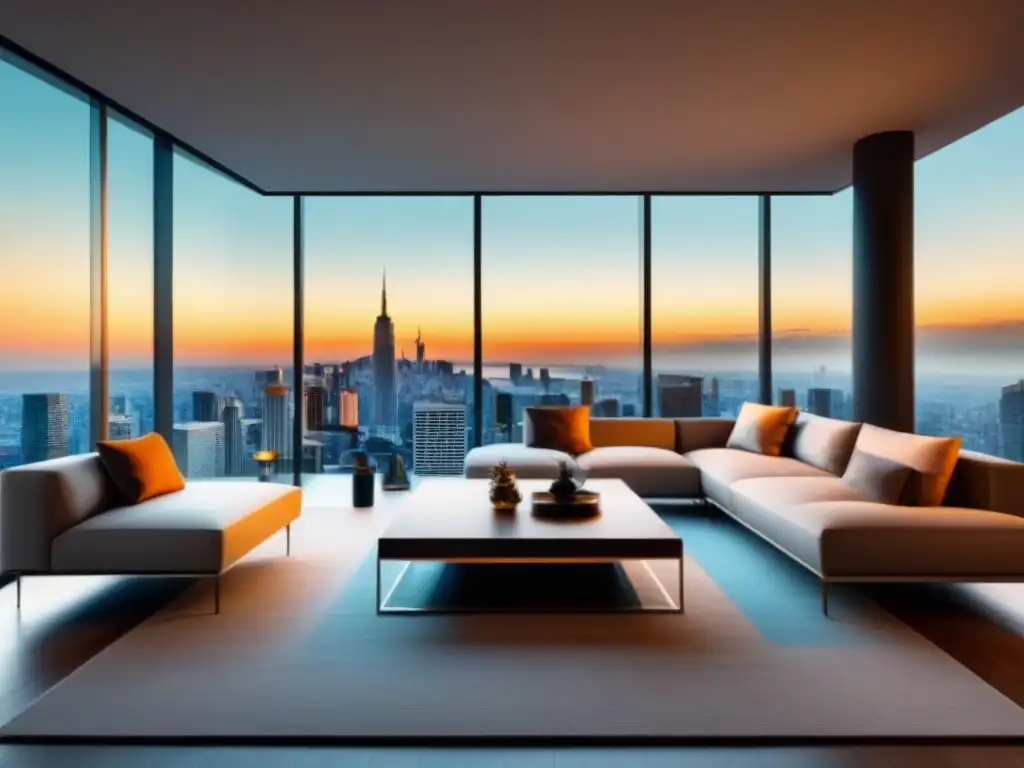 Sala de estar moderna de lujo con vistas a la ciudad Suntuoso salón moderno con vista a la ciudad, mobiliario contemporáneo y paleta cálida