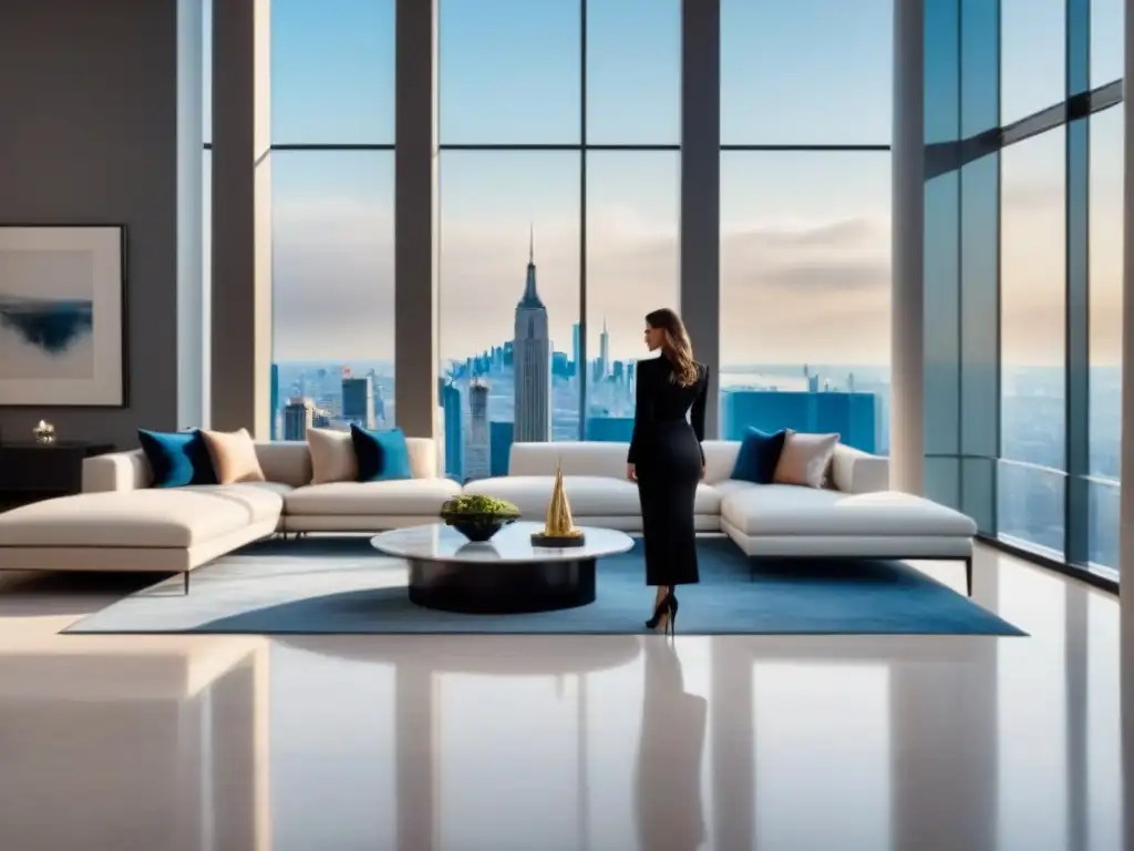 Salón de lujo en penthouse con vista panorámica y elegante decoración Suntuoso salón moderno con vista urbana, muebles contemporáneos y arte elegante