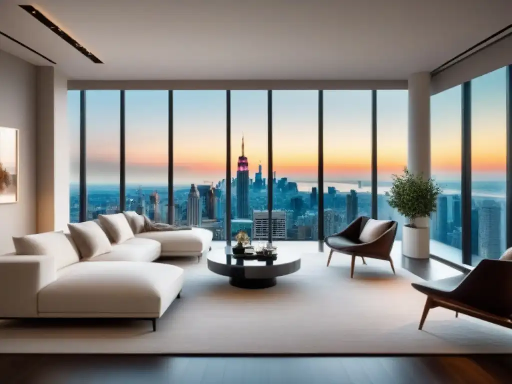 Sala de estar moderna y lujosa con vista impresionante de la ciudad Suntuoso salón moderno con vista panorámica de la ciudad, muebles elegantes y arte refinado