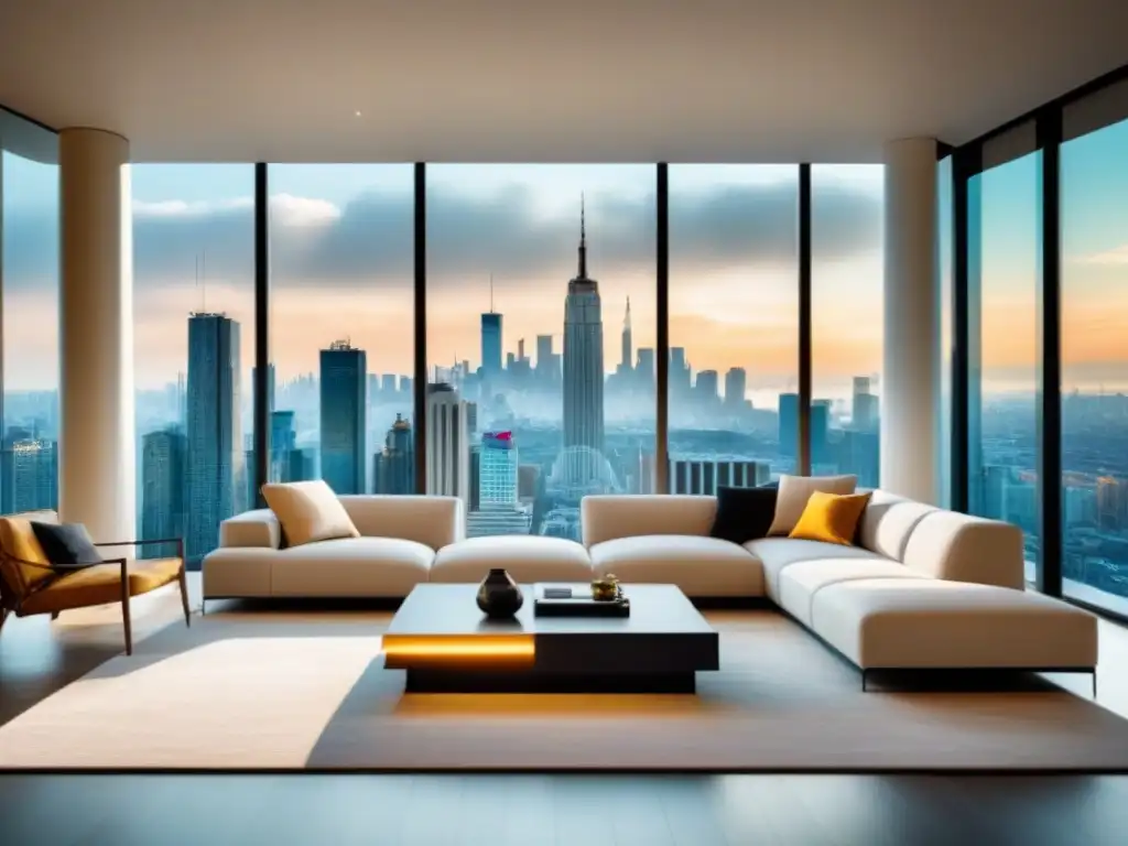 Sala de estar de lujo con vista urbana: diseño elegante y moderno Suntuoso salón moderno con vista panorámica a la ciudad, mobiliario elegante y toques de oro y mármol