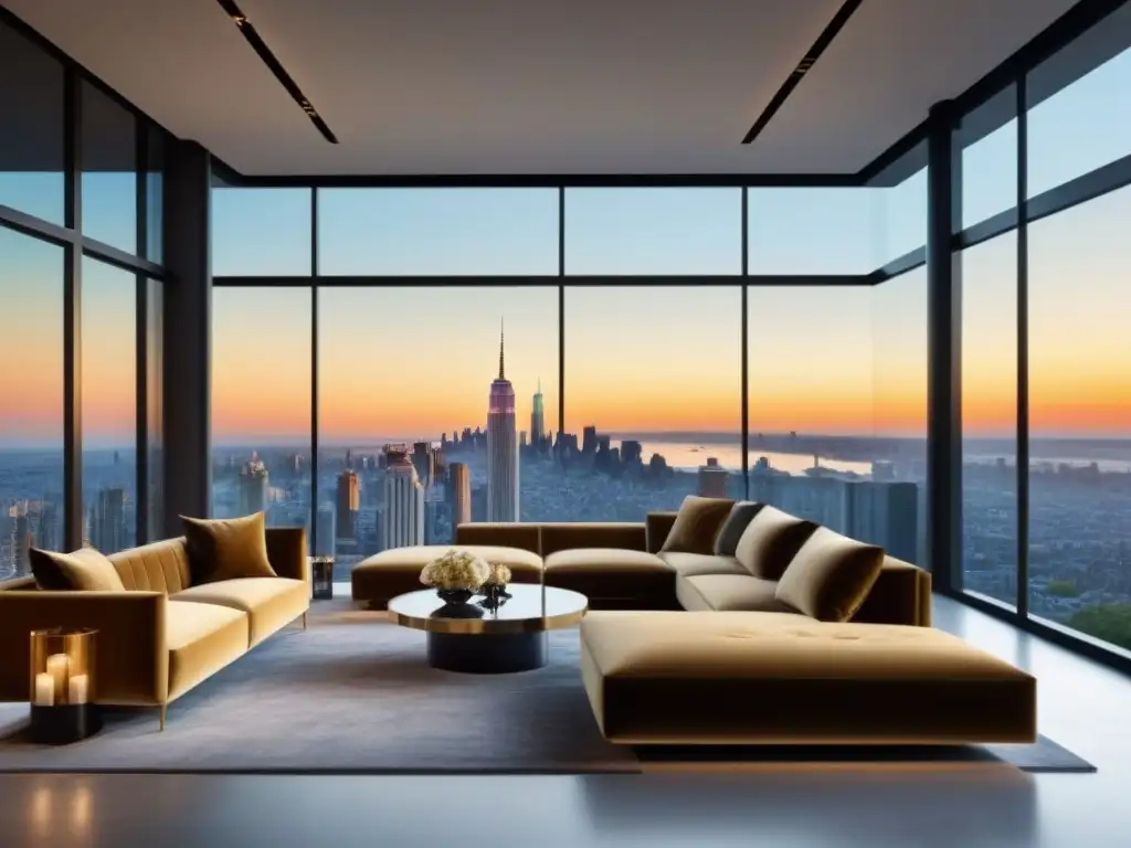 Salón de lujo con vista a la ciudad y decoración contemporánea Suntuoso salón moderno con vista a la ciudad y mobiliario elegante, bañado en luz dorada, transmitiendo valor inmueble con un financiamiento adecuado