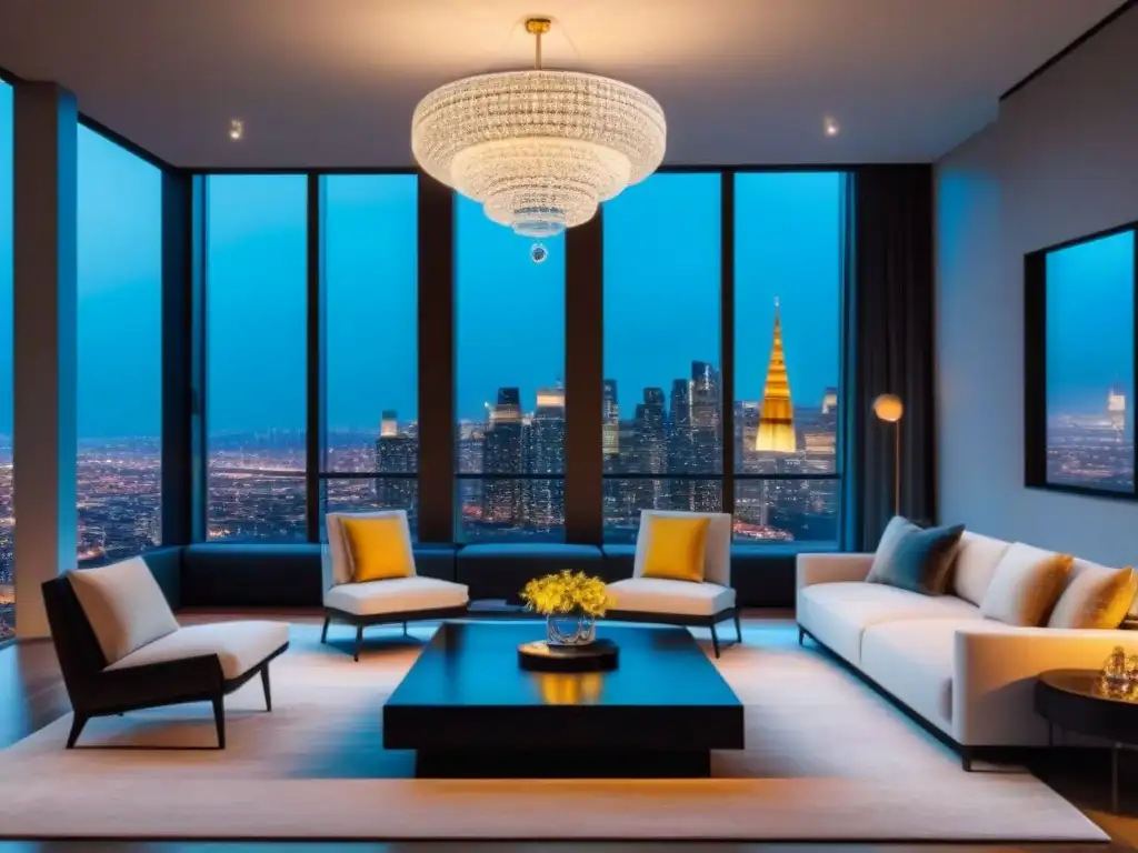 Suntuoso salón moderno con vistas a la ciudad al anochecer