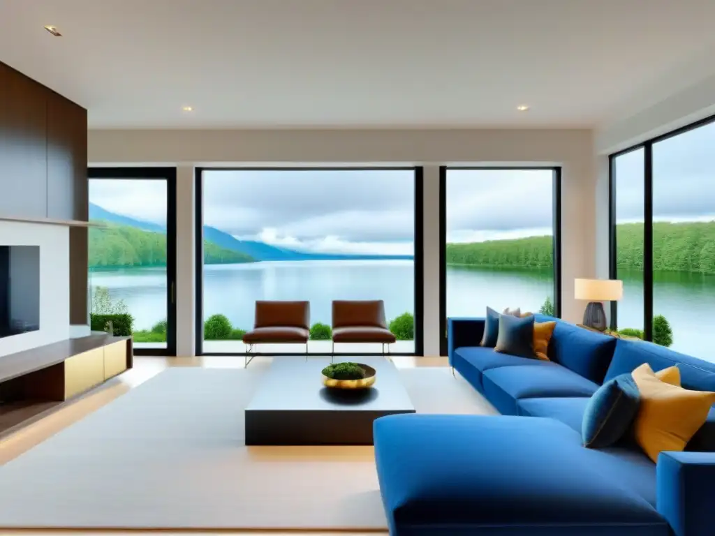 Salón de lujo con vista al lago y diseño contemporáneo Suntuoso salón con vista al lago, mobiliario moderno en tonos neutros y toques de azul y oro