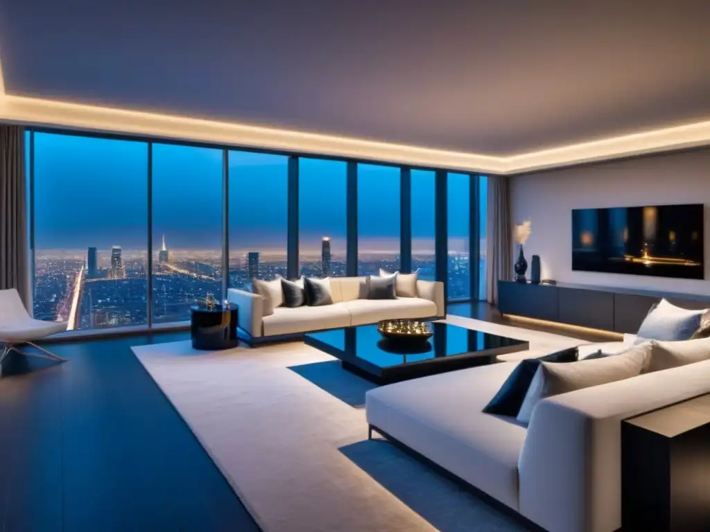 Salón de lujo en penthouse con vista nocturna de la ciudad Suntuoso salón penthouse con vista nocturna a la ciudad y mobiliario contemporáneo, perfecto para propiedades exclusivas de lujo y gestión con herramientas digitales