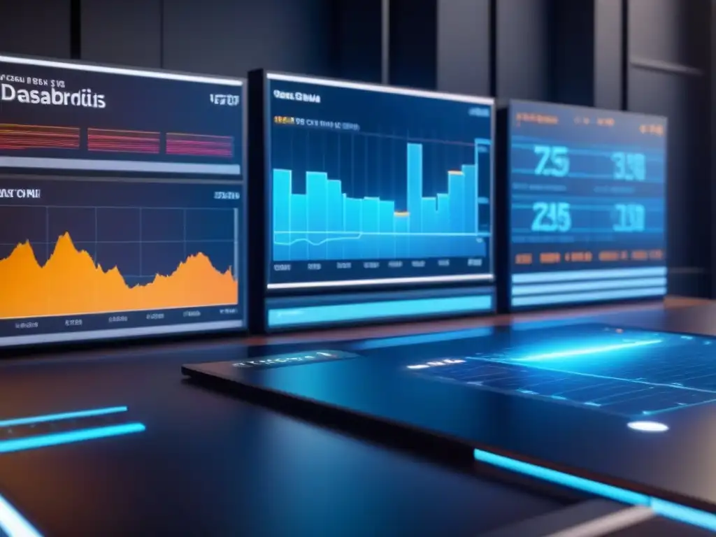 Tablero financiero futurista en 8k con gráficos e informes detallados Tablero de análisis financiero futurista con gráficos detallados y tendencias de inversiones a corto plazo en hologramas azules brillantes