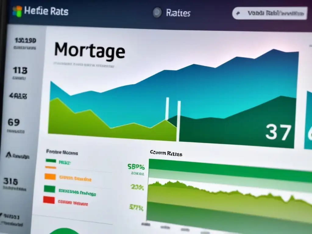 Tablero digital moderno con analítica web para préstamos inmobiliarios, datos y rankings de keywords