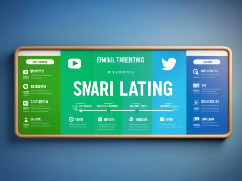 Tablero estrategia marketing digital: email, social media, SEO Tablero de estrategia de marketing digital moderno con email marketing en el centro rodeado de iconos de redes sociales, SEO, marketing de contenido y analítica