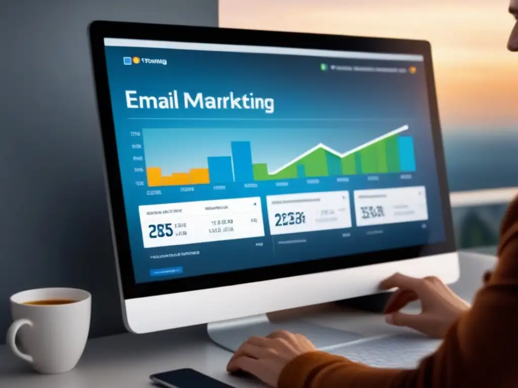 Panel de control de email marketing: eficacia en tiempo real Un tablero moderno y elegante de email marketing para promotores inmobiliarios, con gráficos de métricas y análisis en tiempo real