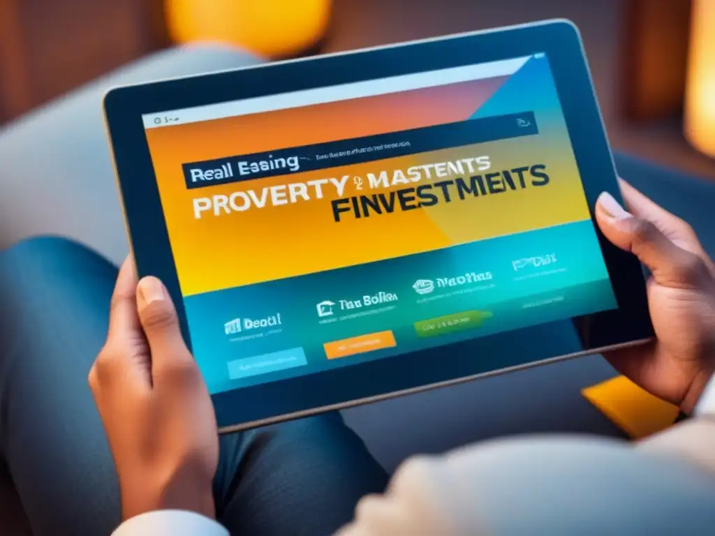 Tablet digital con eBooks de financiamiento inmobiliario Una tablet moderna muestra vibrantes portadas de eBooks sobre financiamiento inmobiliario