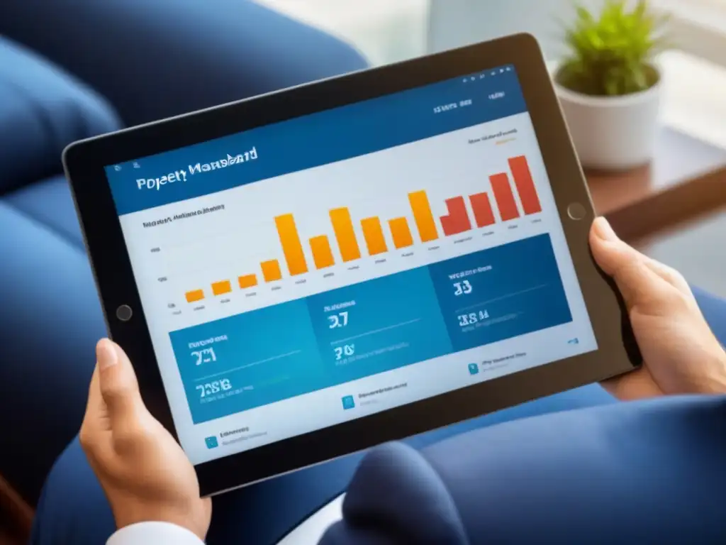 Tablero de gestión inmobiliaria moderno en tablet Tableta con moderno panel de gestión inmobiliaria, gráficos interactivos y datos financieros