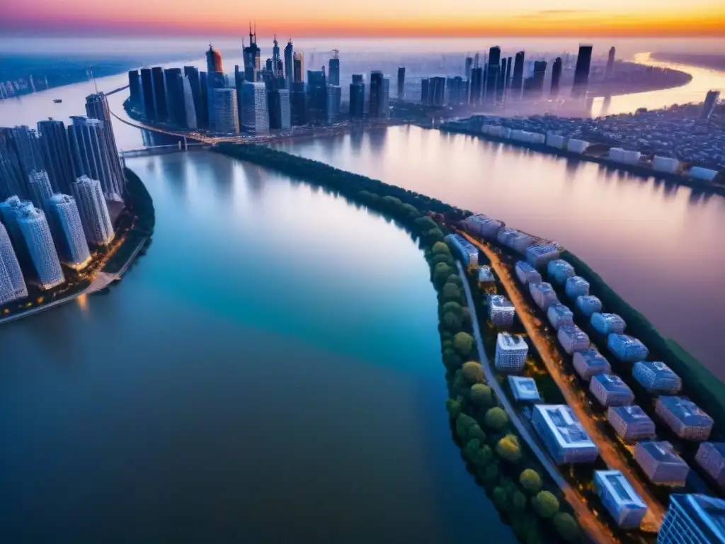 Contraste urbano-natural: rascacielos brillantes y río sereno Tasaciones bajas financiamiento inmobiliario: ciudad vibrante, rascacielos reflejados en el río al atardecer