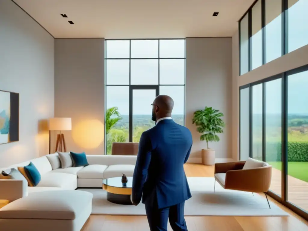 Examinador inmobiliario valora lujoso salón moderno en 8k Un tasador de bienes raíces valora con precisión una lujosa sala renovada